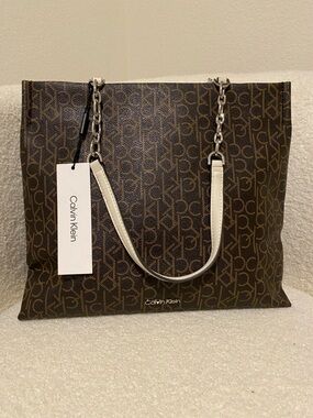 Calvin Klein Brown Monogram Tote with Chain Handles